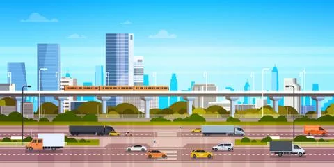 Cityscape Background Modern City Panorama With Highway Road And Subway Over Ilustração Stock