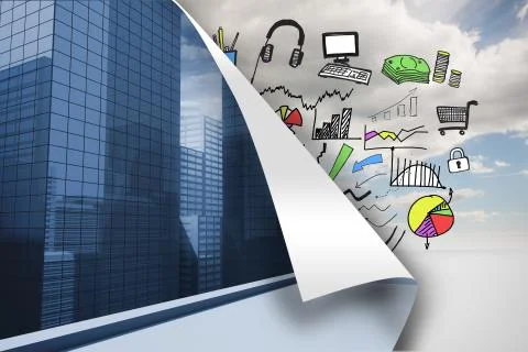 Cityscape background over sky background with graphics Stock Illustration