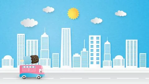 Cityscape background vector paper cut style with ice cream truck, Sun and clo Stock Illustration
