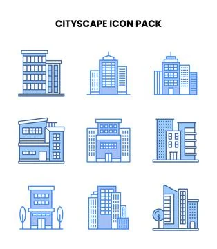 Cityscape Blue Bundle Icons Pack Stock Illustration