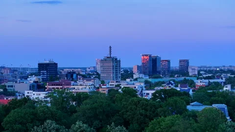 Cityscape of Bucharest, Aerial view over Bucharest City center skyline at dusk. Stock-Footage 246186819