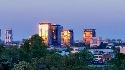 Cityscape of Bucharest, Aerial view over Bucharest City center skyline at dusk. Stock-Footage 246186898
