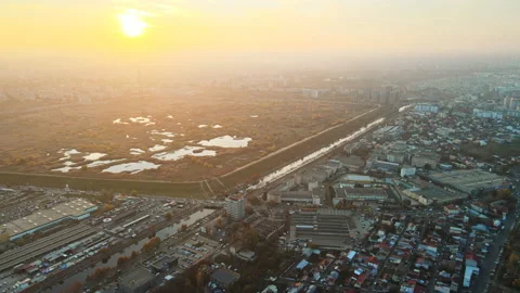Cityscape of Bucharest at sunset, lakes in a park and residential buildings, Stock Footage 145170652
