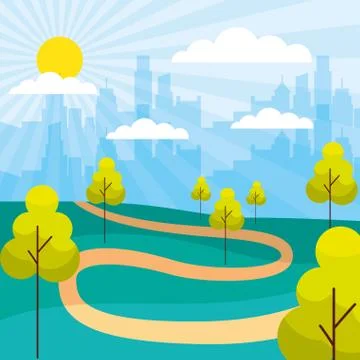 Cityscape buildings park trees path Ilustración de archivo