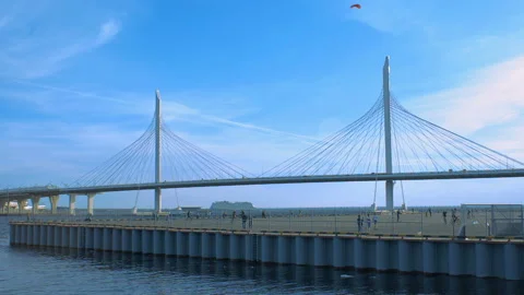 Cityscape Of Cable-stayed Bridge And People Walking Near It, Saint-Petersburg Stock Footage 91247272