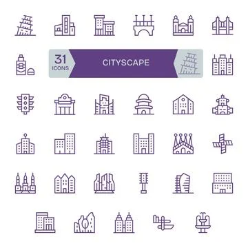 Cityscape Complete Vector Package with 35 High Resolution Regular Line Pixe.. Stock Illustration