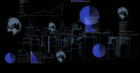 Cityscape with data charts and graphs image over black background Stock Photos