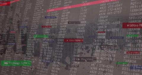 Cityscape with data processing animation and error messages, video alerts Stock Footage 303430970