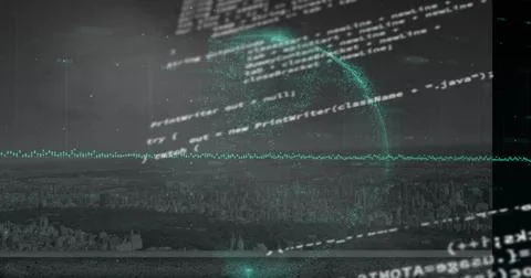 Cityscape with digital code overlay, showcasing futuristic technology and Stock-Fotos