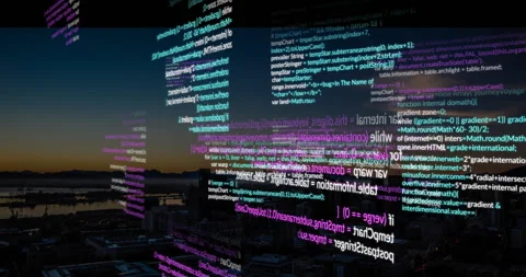 Cityscape at dusk with colorful programming code animation showcasing technology Stock Footage 305829955