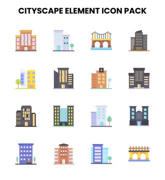 Cityscape Element Flat Vector Icons Pack Stock Illustration