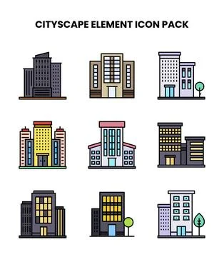 Cityscape Element Lineal Color Bundle Icons Pack 스톡 일러스트