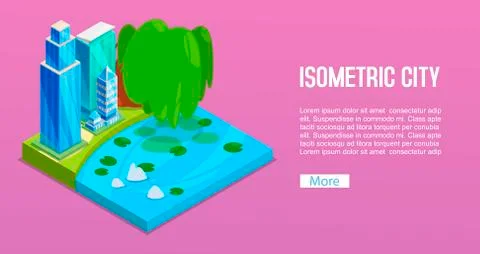 Cityscape elements with isometric buildings city, tree and pond. Isolated green Illustrazione stock
