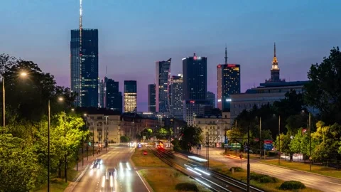 Cityscape Evolution at Dusk: Mokotow District Warsaw Timelapse Stock Footage 291682799
