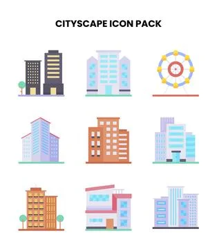 Cityscape Flat Vector Icons Pack Stock Illustration