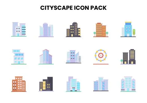 Cityscape Flat Vector Icons Pack Stock Illustration