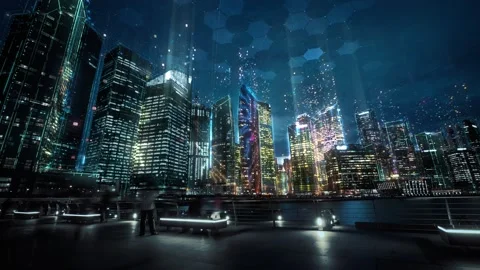 Cityscape with futuristic network connection and data communication. Hyperlapse Stock Footage 131081435