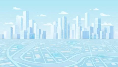 Cityscape with geolocation pins and data points. Digital Navigation Map Ilustración de archivo