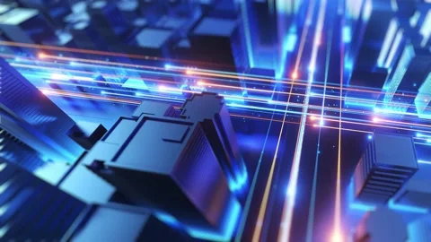Cityscape With Glowing Data Lines, dolly rotate camera Stock Footage 222748034