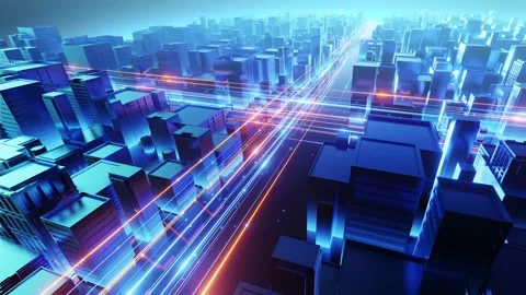 Cityscape With Glowing Data Lines, dolly rotate camera perspective Stock Footage 222748072