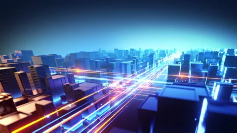 Cityscape With Glowing Data Lines, dolly rotate camera Stock Footage 222751242