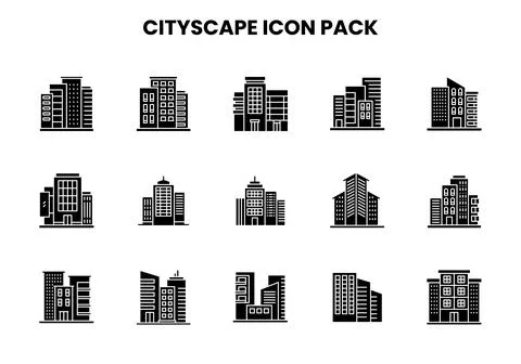 Cityscape Glyph Vector Icons Pack Stock Illustration