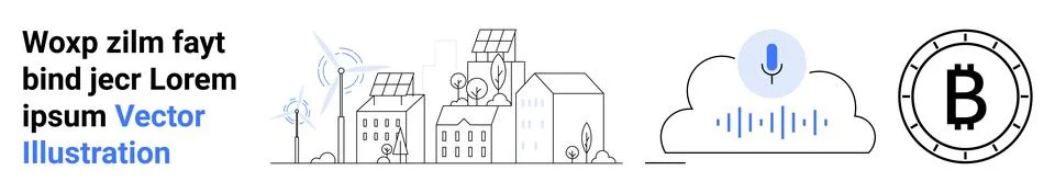 Cityscape with green energy elements, cloud storage with voice recognition, a Illustrazione stock