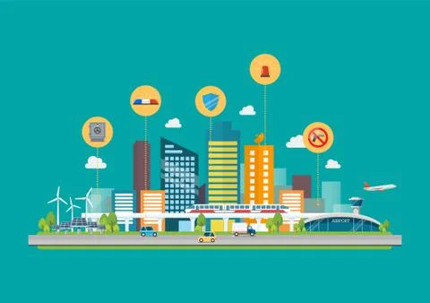Cityscape with Infrastructure Transportation and security icons Stock Illustration