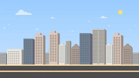 Cityscape with main street and sky background illustration. Stock Illustration