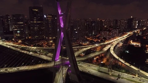 Cityscape In The Night Of Illuminated Estaiada Bridge In Sao Paulo City Stock Footage
