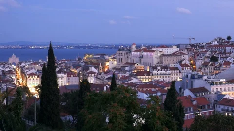Cityscape night timelapse overlooking Baixa downtown area, Lisbon, Portugal Stock Footage 111065867