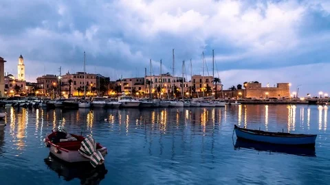 Cityscape of old town and seafront from marina sunset timelapse. Stock Footage 77970229