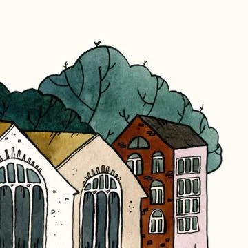 Cityscape old town hand drawn watercolor illustration. Old city landscape with Stock Illustration