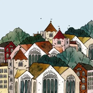 Cityscape old town hand drawn watercolor illustration. Old city landscape wit Stock Illustration