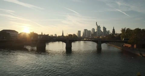 Cityscape Over The Bridge On Main River In Frankfurt During Sunset In Autumn 스톡 동영상 142209481