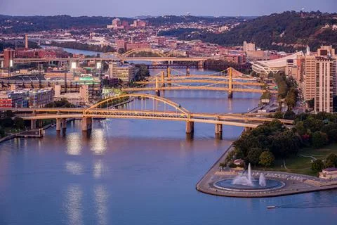 Cityscape of Pittsburgh and Evening Light. Fort Duquesne Bridge Stock Photos