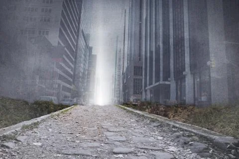 Cityscape projection above stony path Stock Illustration