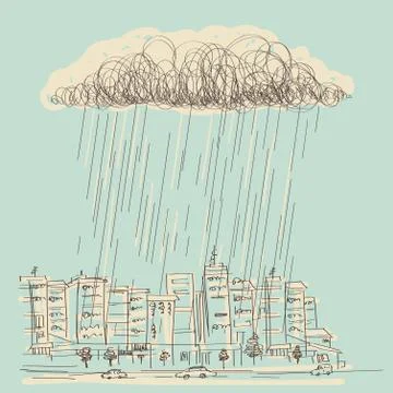 Cityscape with rain.Vector hand drawn dark cloud in wet day Stock Illustration