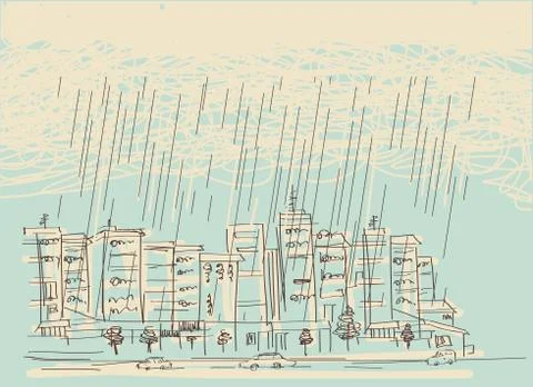 Cityscape with rain.Vector hand drawn dark clouds in wet day Stock Illustration