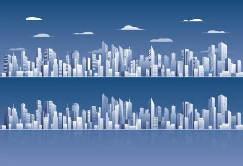 Cityscape with red navigation pointers. Waterfront business center. Vector Stock Illustration