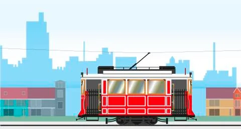 Cityscape with a retro tram passing by. Vector illustration. Stock Illustration
