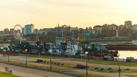 Cityscape with a river in the summer at sunset. Time laps Stock Footage 110860316