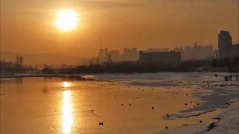 Cityscape with river view at sunset Stock Footage 72907378