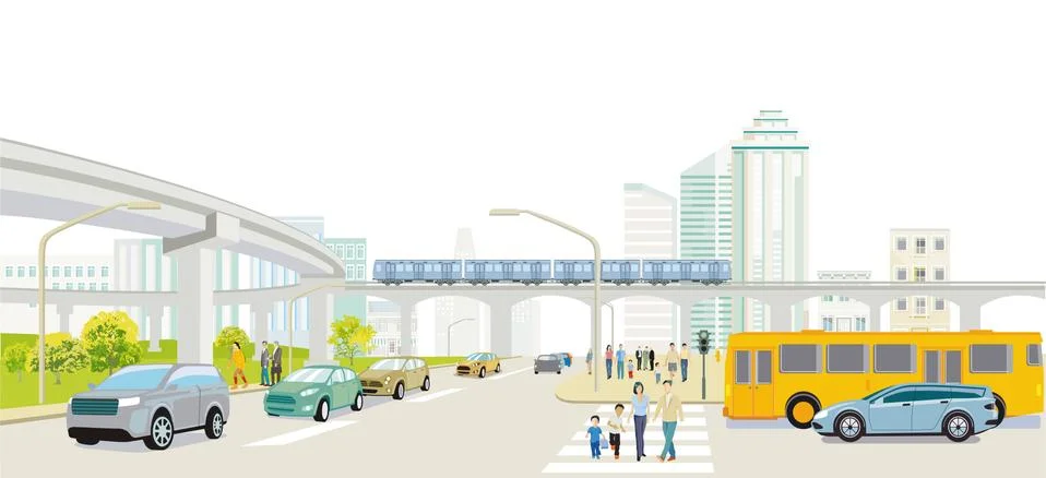 Cityscape with road traffic, elevated train and people illustration Stock Illustration