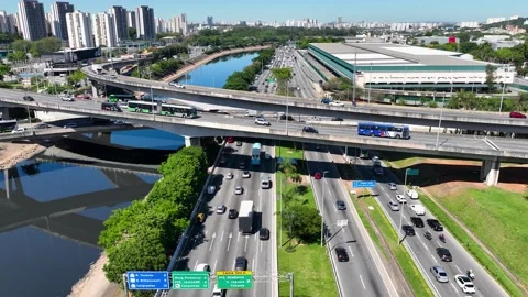 Cityscape of rush traffic jam at freeway road. Transportation scenery. Stock Footage 221509195