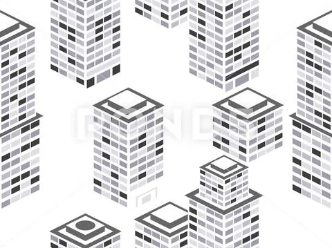 Cityscape seamless pattern. Isometric city buildings, metropolis. Black and w Stock Illustration