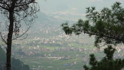 Cityscape seen between tree branches, Haatiban, Kathmandu, Nepal Stock-Footage 139739997