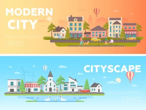Cityscape - set of modern flat vector illustrations Stock Illustration