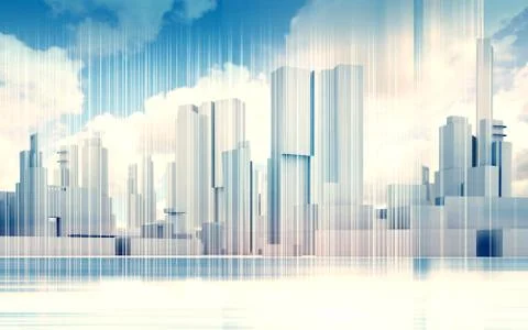 Cityscape skyline, dramatic sky, wire frame 3d Stock Illustration