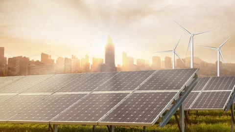 Cityscape with solar panels and wind turbines as resources of energy for town. Stock Footage 130104892